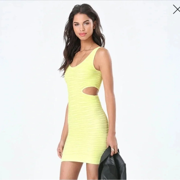 Bebe  Yellow Ribbed Mini Cut Out Dress S - Picture 1 of 8